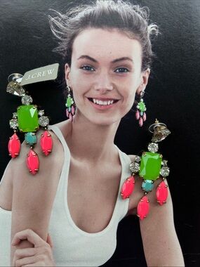 NWT J. Crew  2013 Color Collage Crystal Neon Pink & Lime Statement Drop Earrings